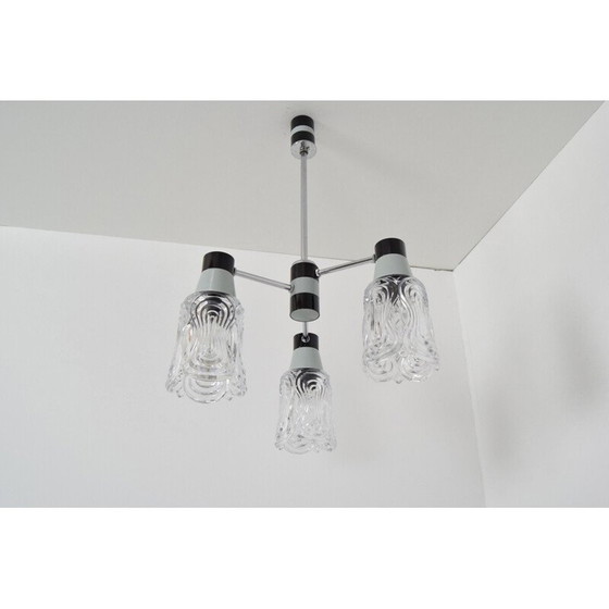 Image 1 of Vintage glas-chroom-metaal gelakte kroonluchter van Drukov, Tsjecho-Slowakije 1960