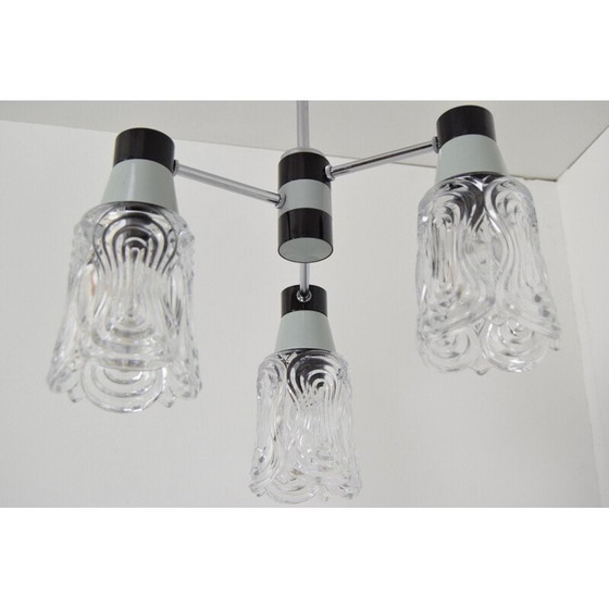 Image 1 of Vintage glas-chroom-metaal gelakte kroonluchter van Drukov, Tsjecho-Slowakije 1960