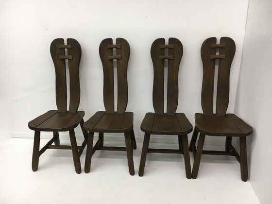 Image 1 of Set van 4 Belgische Brutalistische Eetkamerstoelen van De Puydt, jaren 1970