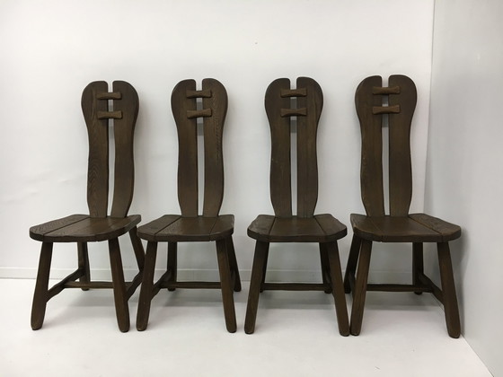 Image 1 of Set van 4 Belgische Brutalistische Eetkamerstoelen van De Puydt, jaren 1970