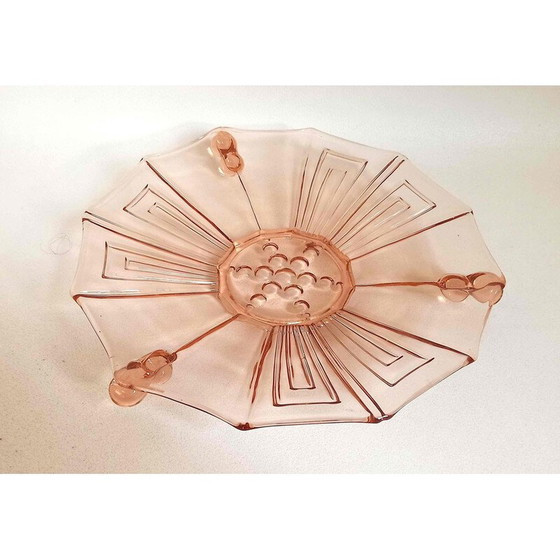 Image 1 of Vintage fruitschaal in Art Deco rosé geperst glas