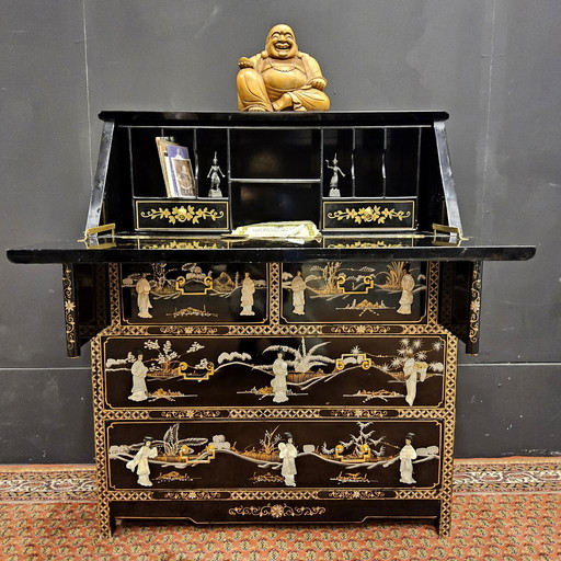 Vintage Chinees Bureau / Aziatische Secretaire (Speksteen En Parelmoer) Chinoiserie,  Bohemian Bureau 