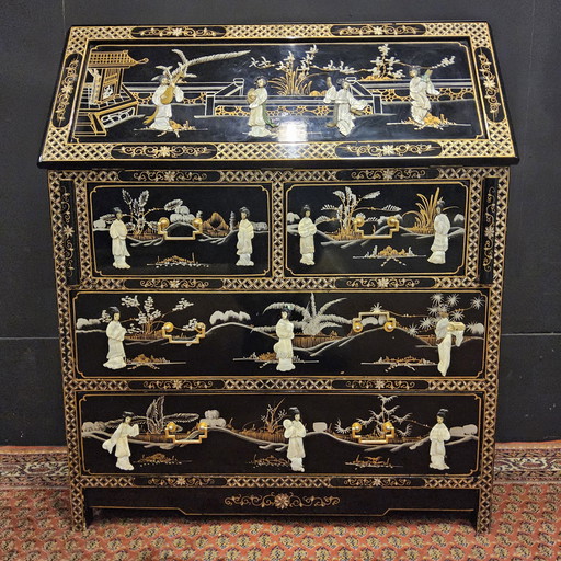 Vintage Chinees Bureau / Aziatische Secretaire (Speksteen En Parelmoer) Chinoiserie,  Bohemian Bureau 