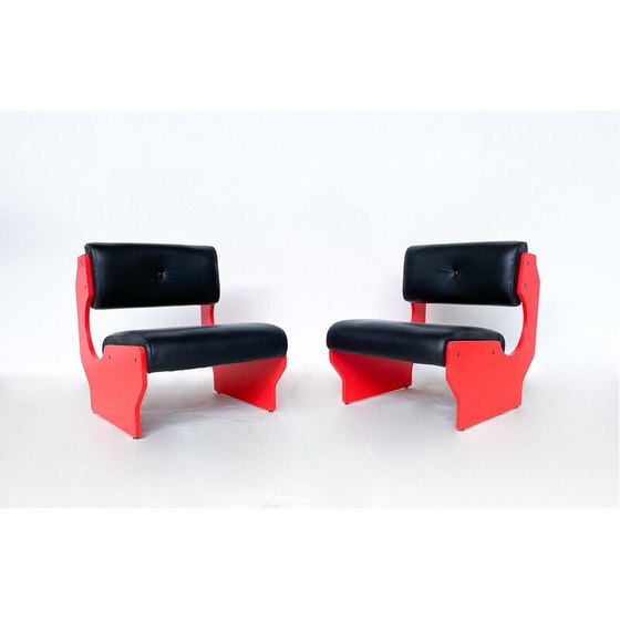 Image 1 of Paar vintage fauteuils in rood gelakt hout en zwart leer, Italië 1980
