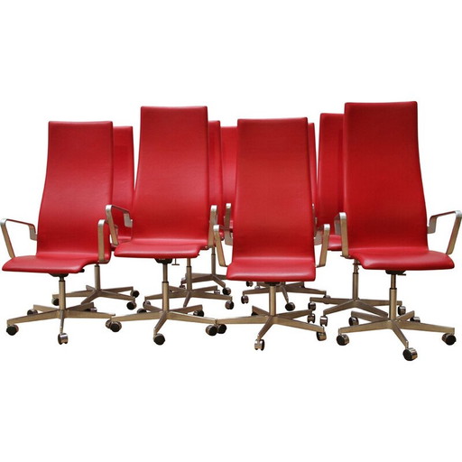 Set van 8 vintage bureaustoelen in chroom aluminium en leer van Arne Jacobsen voor Fritz Hansen