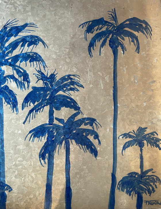 Image 1 of Inktschilderij op metaal Palmbomen zonsondergang Miami