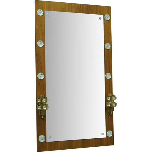 Vintage teakhouten en kristallen spiegel van Erik Höglund voor Eriksmalaglas, Zweden 1960