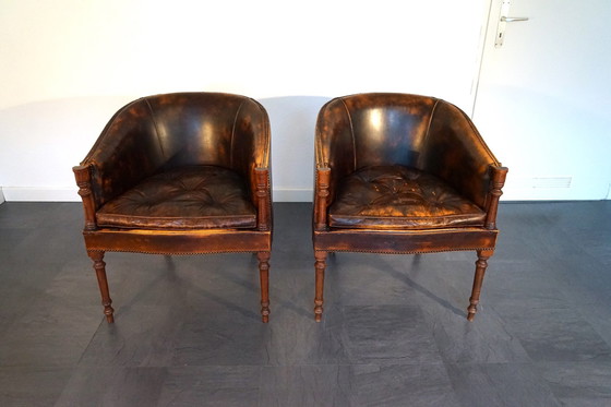 Image 1 of Engelse vintage leren fauteuil in cognac, set van 2