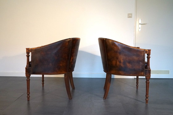 Image 1 of Engelse vintage leren fauteuil in cognac, set van 2