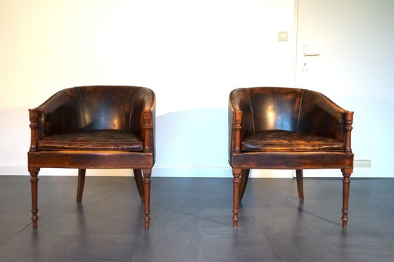 Image 1 of Engelse vintage leren fauteuil in cognac, set van 2