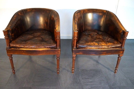 Image 1 of Engelse vintage leren fauteuil in cognac, set van 2