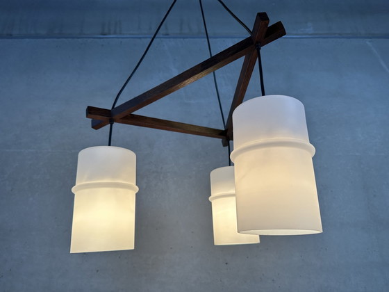 Image 1 of Vintage ‘japandi’ hanglamp teak en opaline