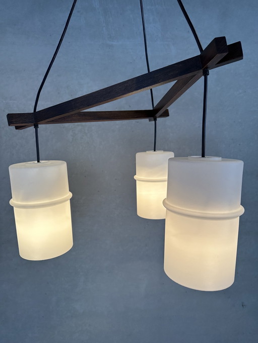 Vintage ‘japandi’ hanglamp teak en opaline