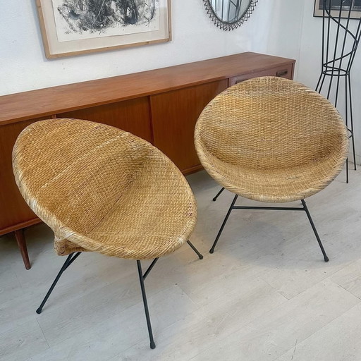 Paar rieten fauteuils, 1950