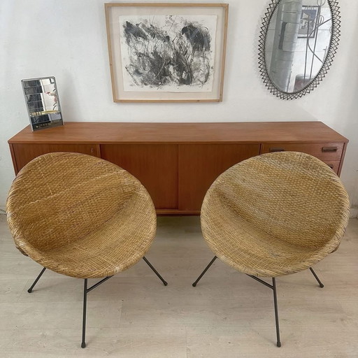 Paar rieten fauteuils, 1950