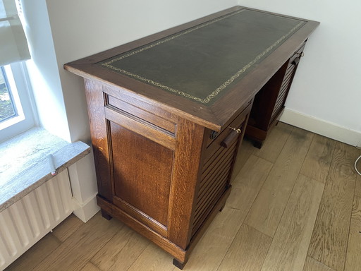 Antiek Bureau Met Lederen Blad, Rolluiken En Lades (D60 X B160 X H82)