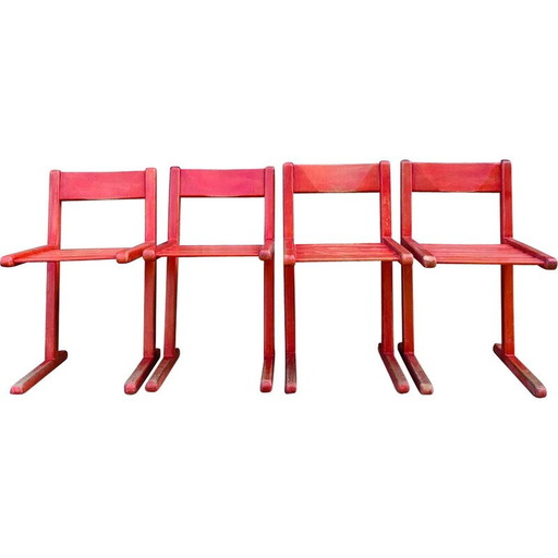 Set van 4 vintage houten rode stoelen