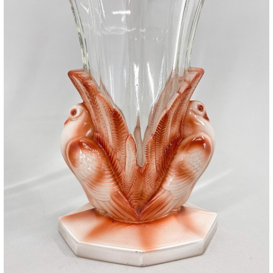 Image 1 of Paar vintage Art Deco duifglazen vazen door Josef Feigl voor Libochovice Glassworks, Tsjecho-Slowakije1930
