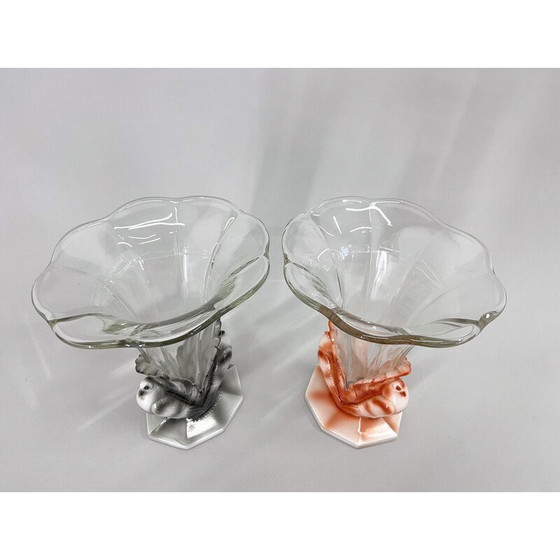 Image 1 of Paar vintage Art Deco duifglazen vazen door Josef Feigl voor Libochovice Glassworks, Tsjecho-Slowakije1930