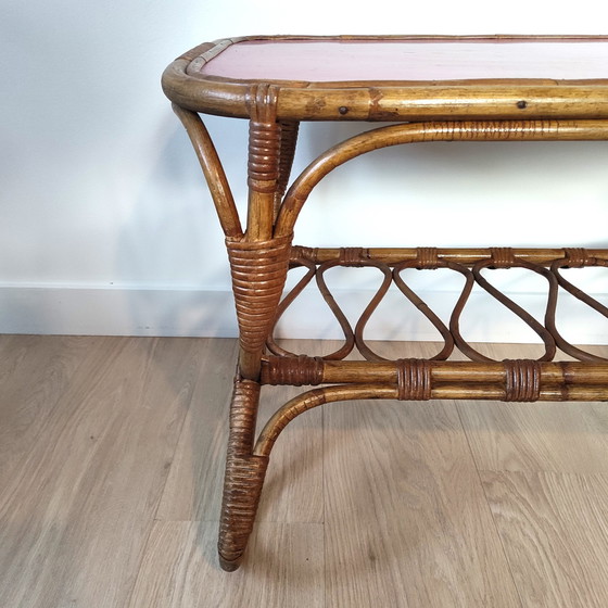 Image 1 of Vintage rotan salontafel / bijzettafel met rood blad