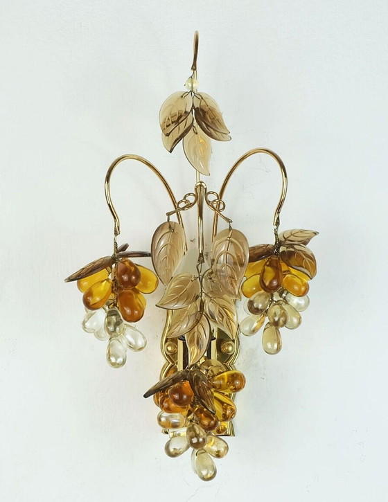 Image 1 of palwa mid century SCONCE 1970 kristal glas en verguld messing druiven en bladeren