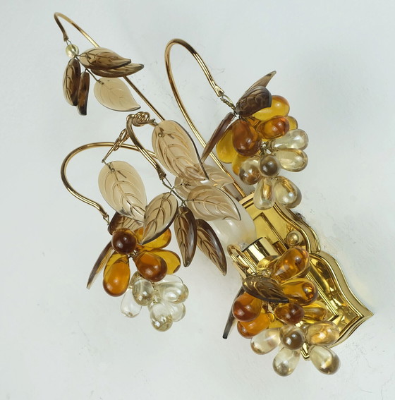 Image 1 of palwa mid century SCONCE 1970 kristal glas en verguld messing druiven en bladeren