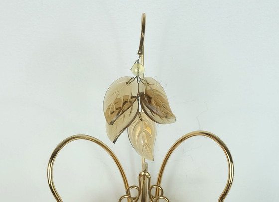 Image 1 of palwa mid century SCONCE 1970 kristal glas en verguld messing druiven en bladeren