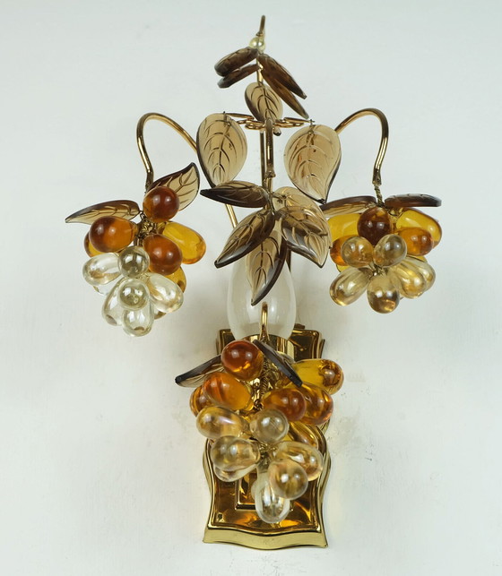 Image 1 of palwa mid century SCONCE 1970 kristal glas en verguld messing druiven en bladeren