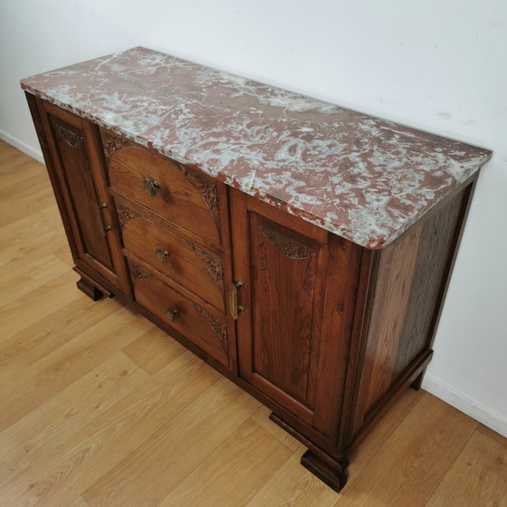 Image 1 of Vintage antiek dressoir tv meubel ladekast met marmer blad.