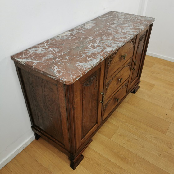 Image 1 of Vintage antiek dressoir tv meubel ladekast met marmer blad.