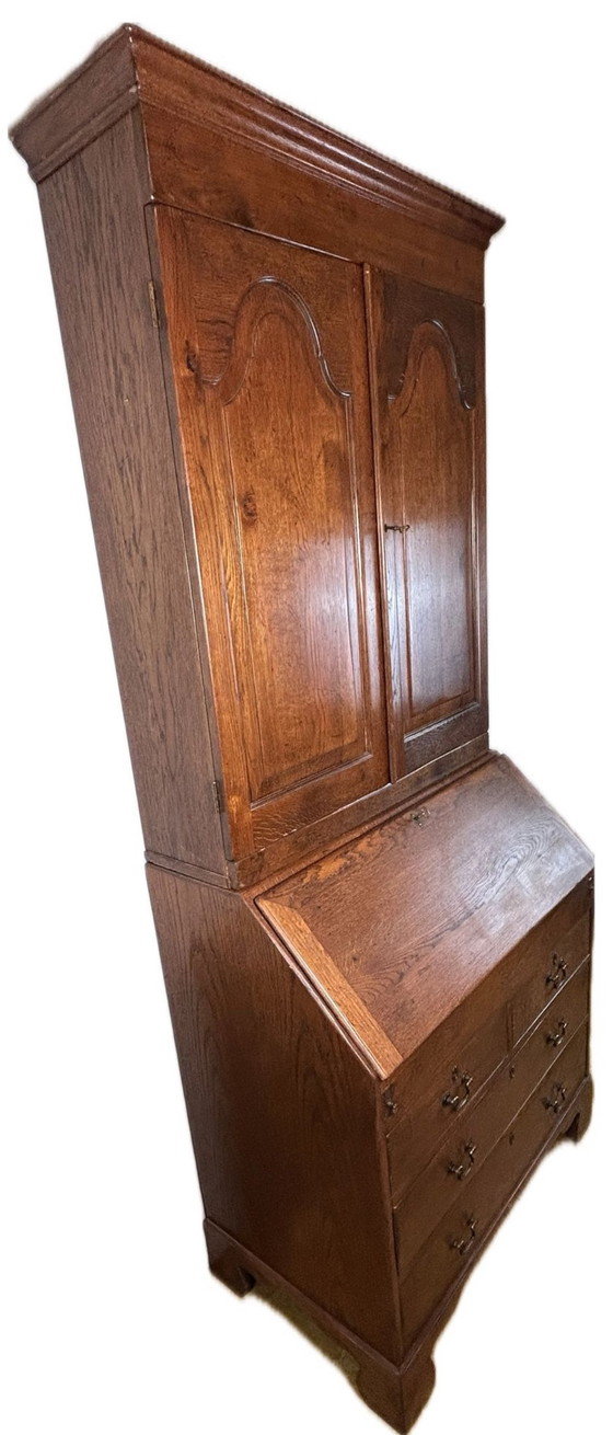 Image 1 of  Brocante Vintage Massief Eiken Bureau Boekenkast 1880 Verborgen Compartimenten & Ingelegd Interieur