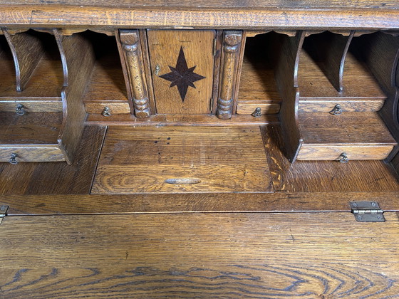 Image 1 of  Brocante Vintage Massief Eiken Bureau Boekenkast 1880 Verborgen Compartimenten & Ingelegd Interieur