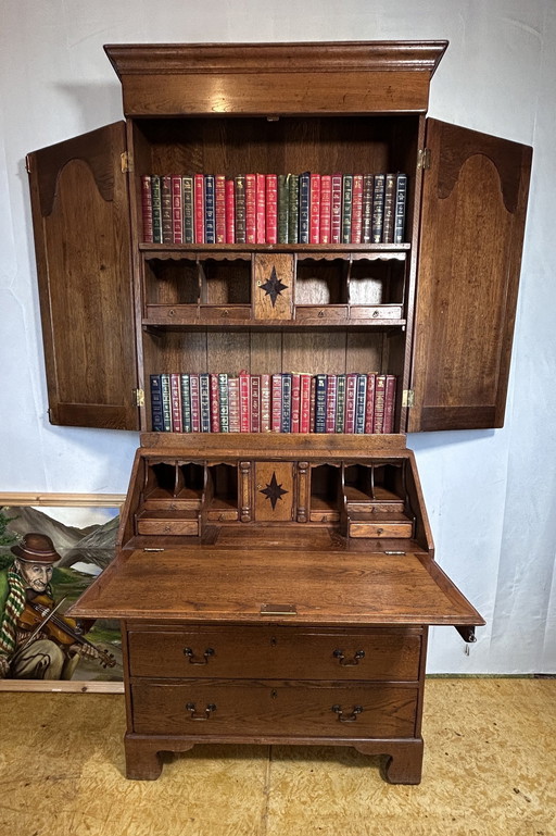  Brocante Vintage Massief Eiken Bureau Boekenkast 1880 Verborgen Compartimenten & Ingelegd Interieur
