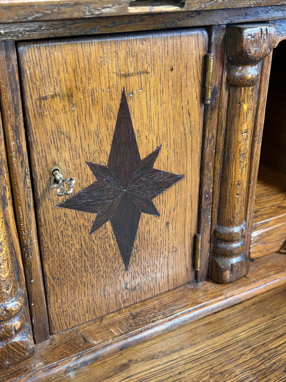 Image 1 of  Brocante Vintage Massief Eiken Bureau Boekenkast 1880 Verborgen Compartimenten & Ingelegd Interieur