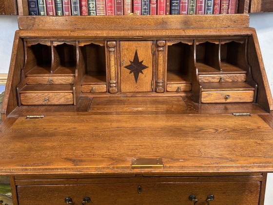 Image 1 of  Brocante Vintage Massief Eiken Bureau Boekenkast 1880 Verborgen Compartimenten & Ingelegd Interieur