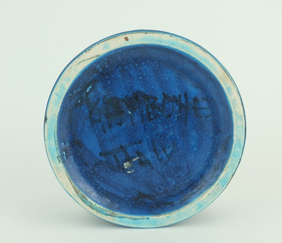 Image 1 of Mid Century Schaal Bruno Gambone Italiaans Atelier Aardewerk Blauw Turquoise Zwart