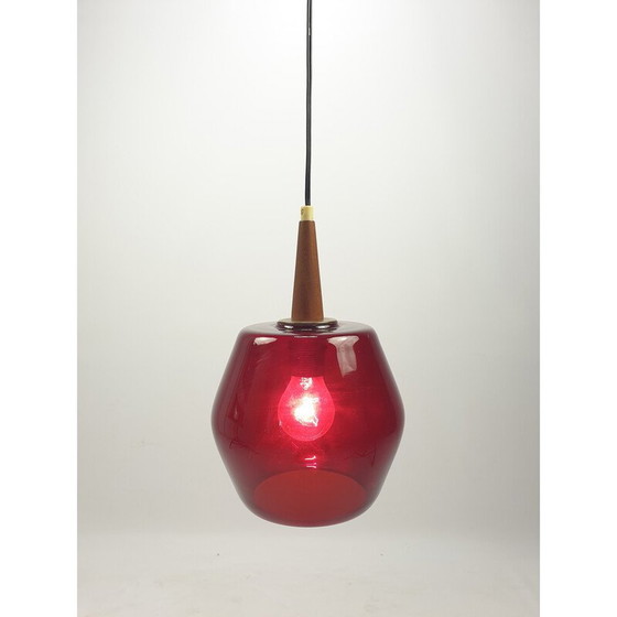 Image 1 of Vintage hanglamp van glas en teakhout, Nederland 1970