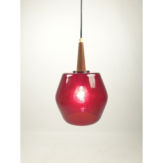 Image 1 of Vintage hanglamp van glas en teakhout, Nederland 1970