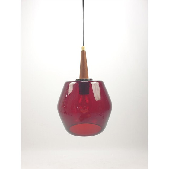 Image 1 of Vintage hanglamp van glas en teakhout, Nederland 1970