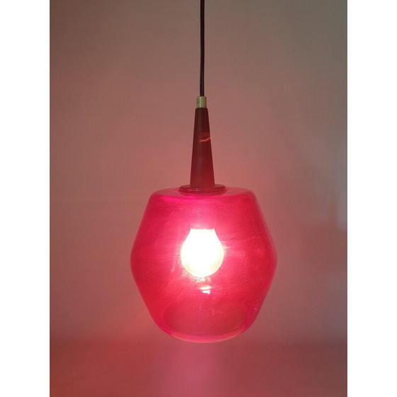 Image 1 of Vintage hanglamp van glas en teakhout, Nederland 1970