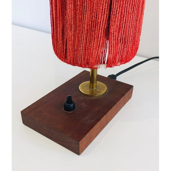 Image 1 of Vintage lamp van hout, messing en wol, Frankrijk 1950