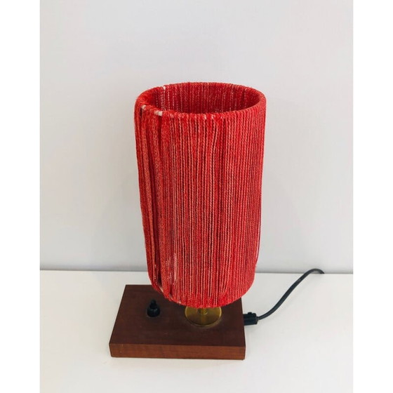 Image 1 of Vintage lamp van hout, messing en wol, Frankrijk 1950