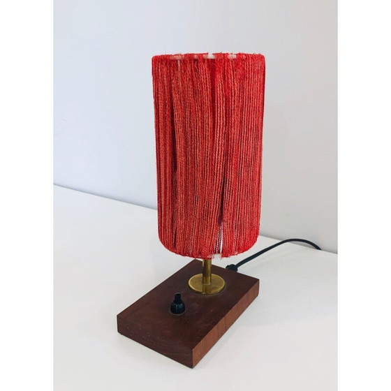 Image 1 of Vintage lamp van hout, messing en wol, Frankrijk 1950