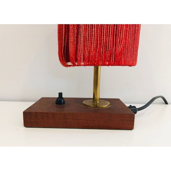 Image 1 of Vintage lamp van hout, messing en wol, Frankrijk 1950