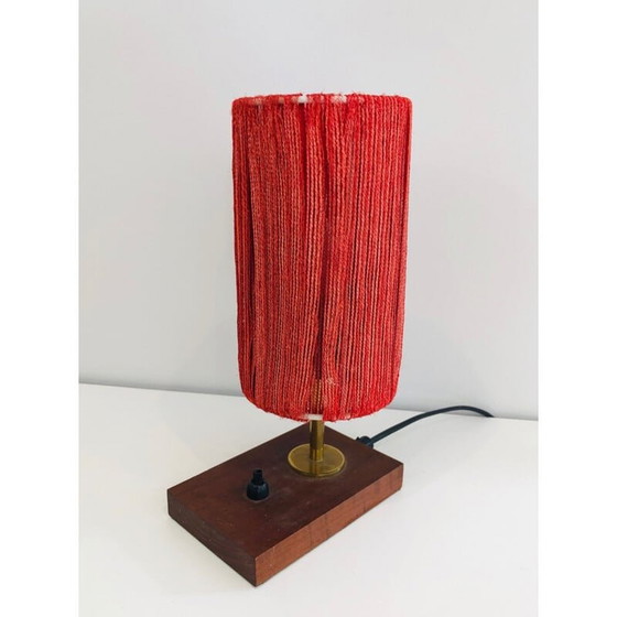 Image 1 of Vintage lamp van hout, messing en wol, Frankrijk 1950
