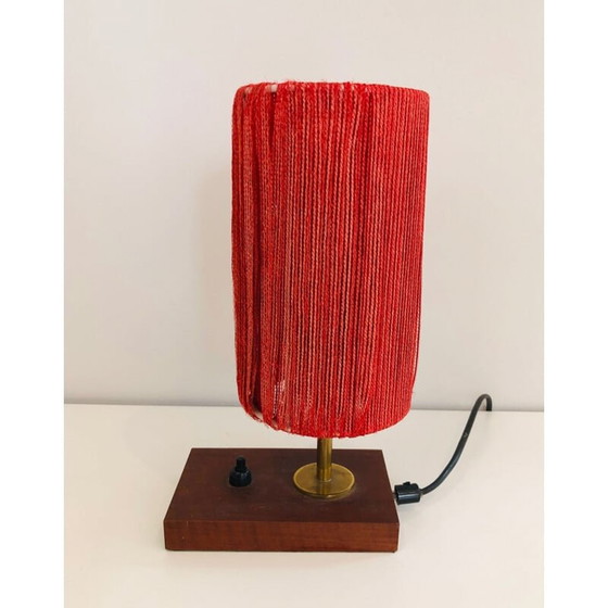 Image 1 of Vintage lamp van hout, messing en wol, Frankrijk 1950