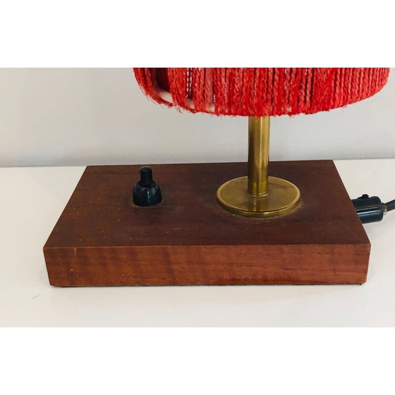 Image 1 of Vintage lamp van hout, messing en wol, Frankrijk 1950