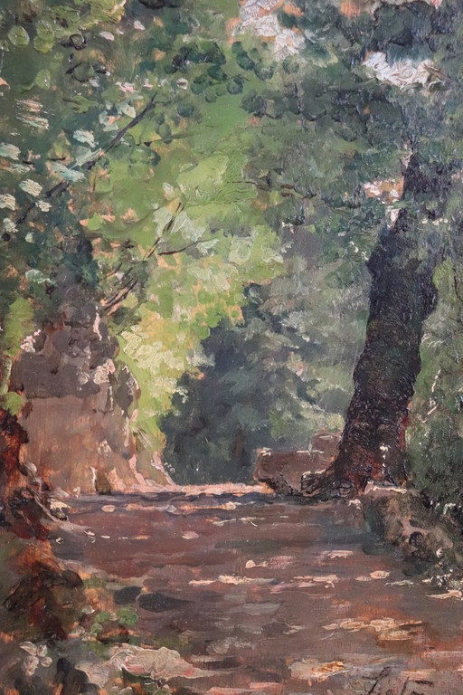 Italiaanse kunstenaar, Pad in het bos, Olieverfschilderij op board, eind 19e eeuw