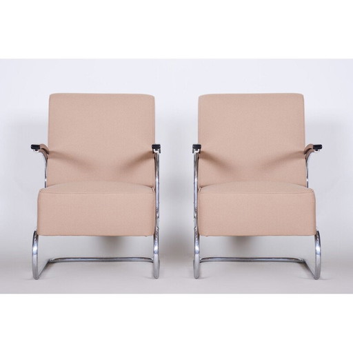 Paar vintage roomwitte leren fauteuils van Mucke Melder, jaren 1930