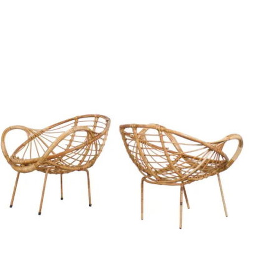 Image 1 of 2x Midcentury Moderne Rotan en Metalen Fauteuils